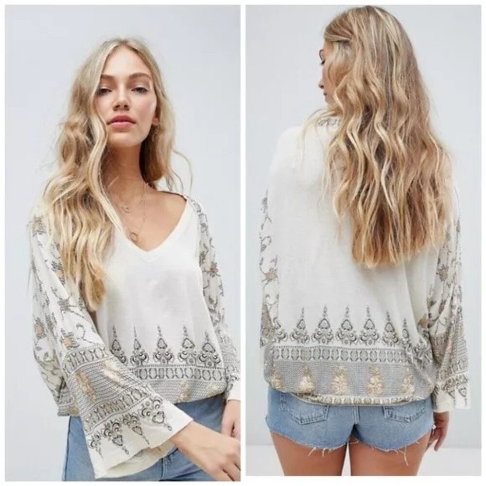 NWT Free People ivory gold boho medallion print bell sleeve blouse